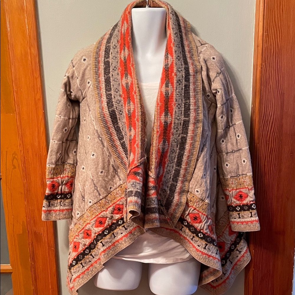 ANTHROPOLOGIE SPARROW Aztec Southwestern Waterfall Boho Cottage Cardigan Sweater